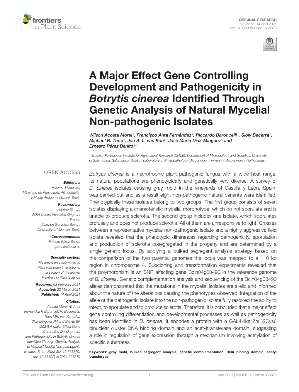 A Major Effect Gene Controlling Development and Pathogenicity in Botrytis Cinerea Identiﬁed Through Genetic Analysis of Natural Mycelial Non-Pathogenic Isolates