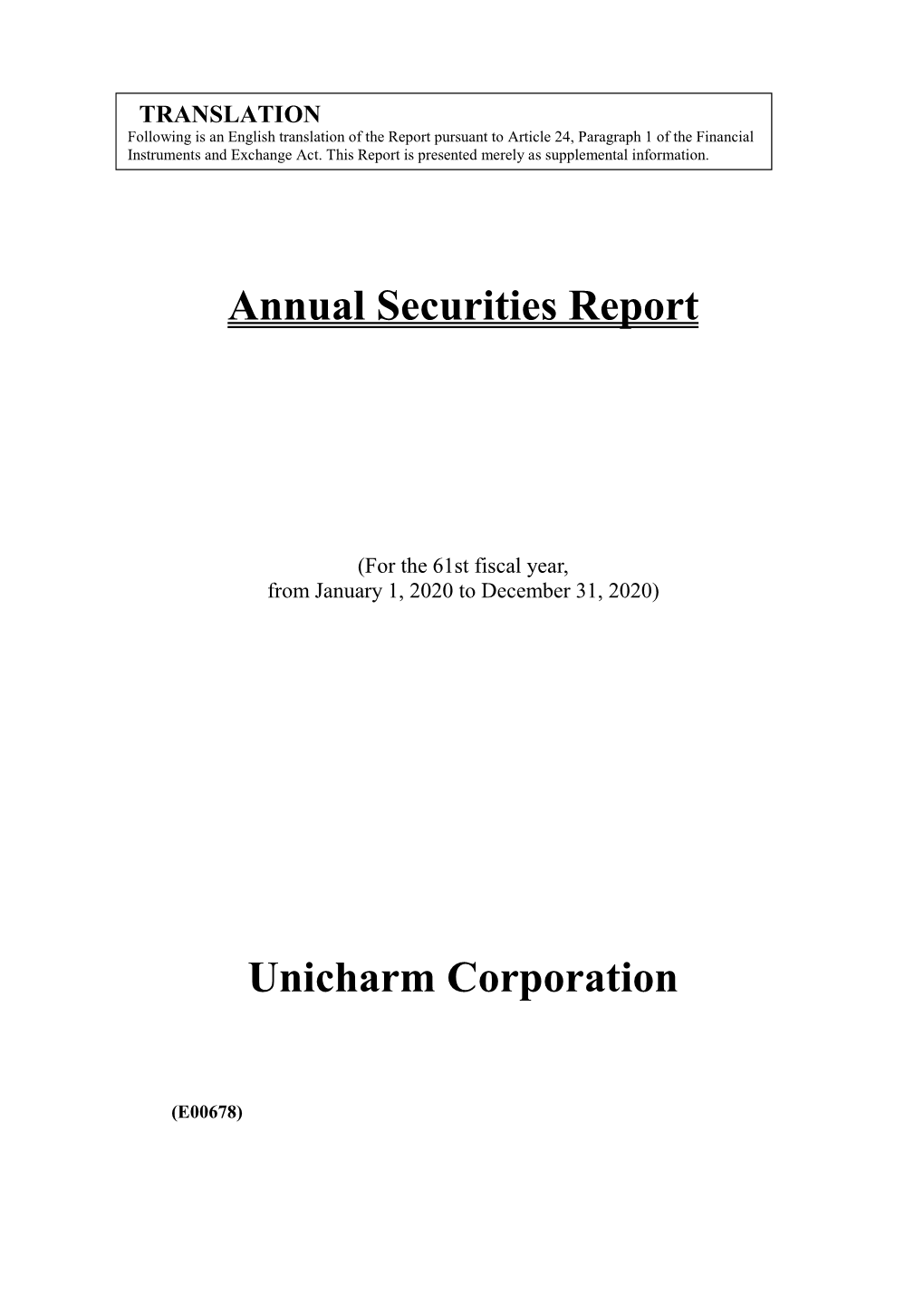 Annual Securities Report Unicharm Corporation