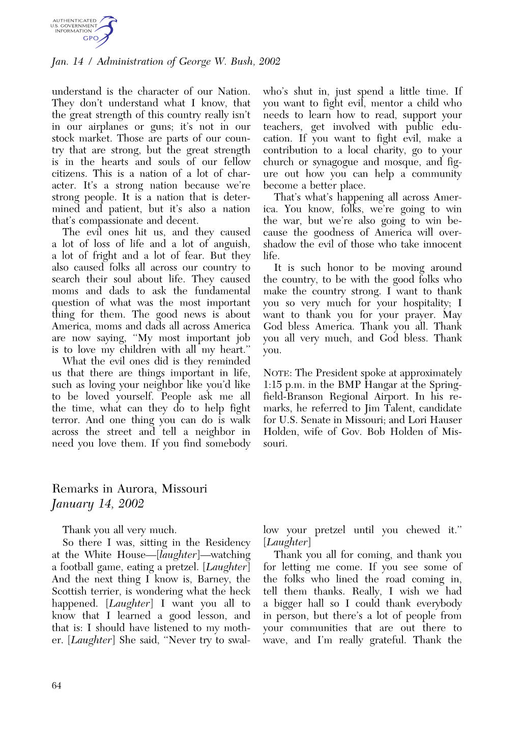 Remarks in Aurora, Missouri January 14, 2002