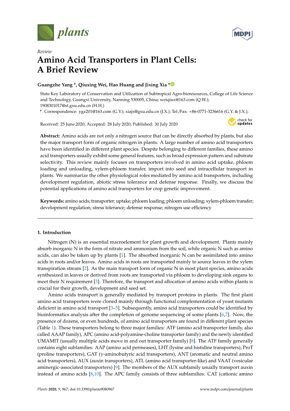 Amino Acid Transporters in Plant Cells: a Brief Review