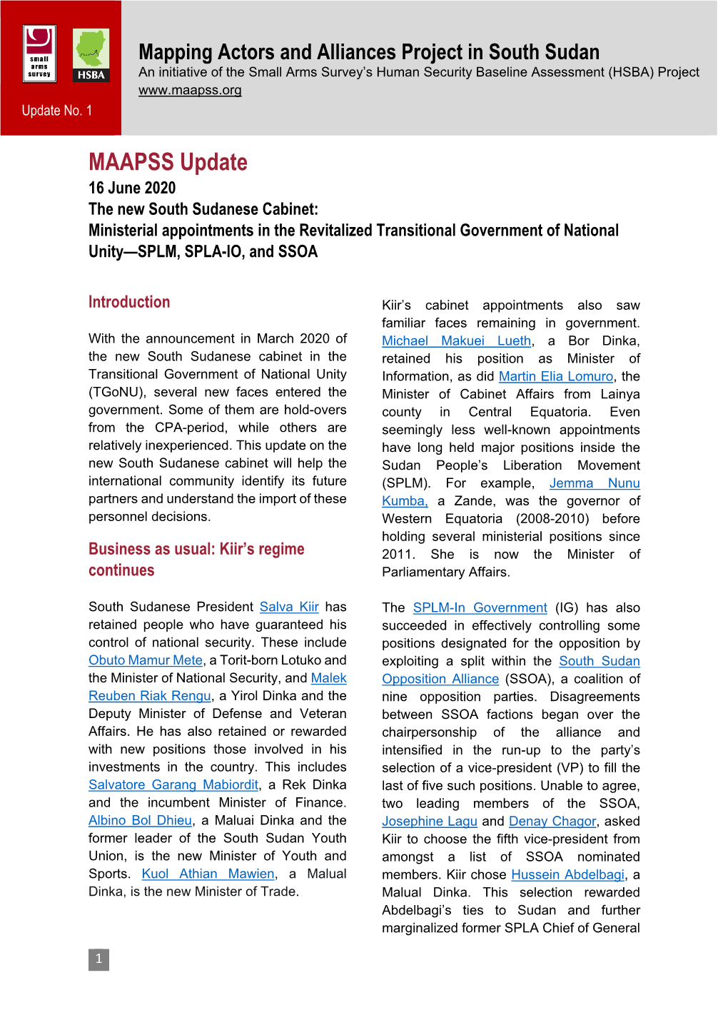 The New South Sudanese Cabinet: Ministerial Appointments in the Revitalized Transitional Government of National Unity—SPLM, SPLA-IO, and SSOA