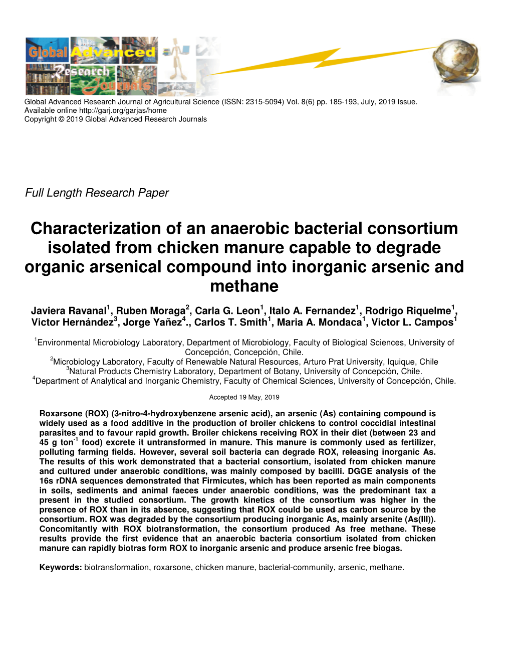 Characterization of an Anaerobic Bacterial Consortium Isolated from Chicken Manure Capable to Degrade Organic Arsenical Compound Into Inorganic Arsenic and Methane