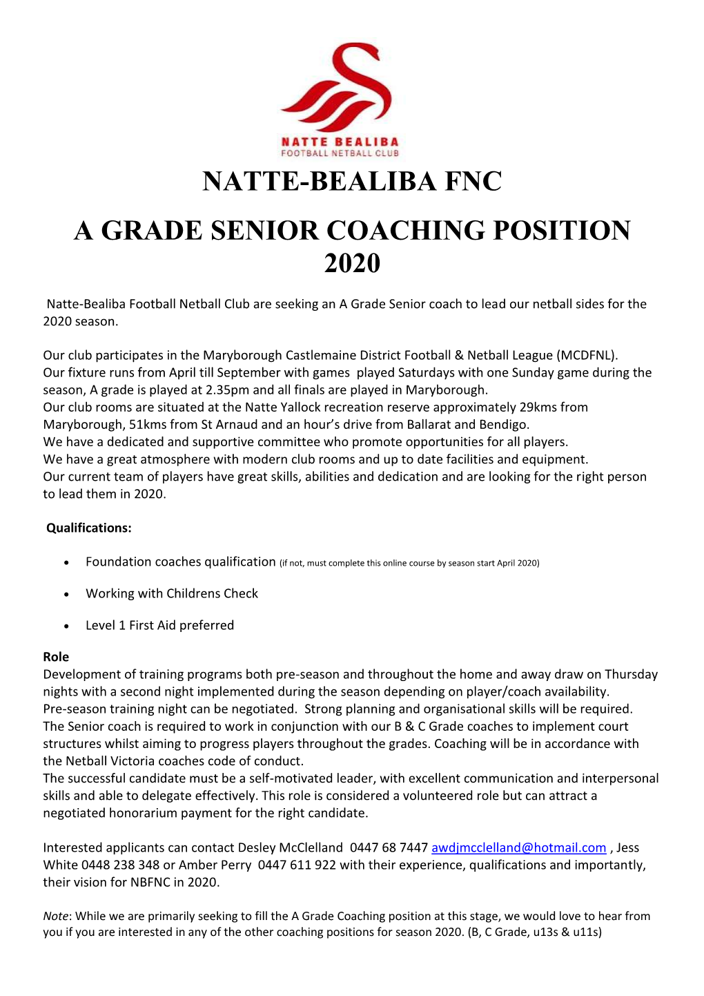 Natte-Bealiba Fnc a Grade Senior Coaching Position 2020