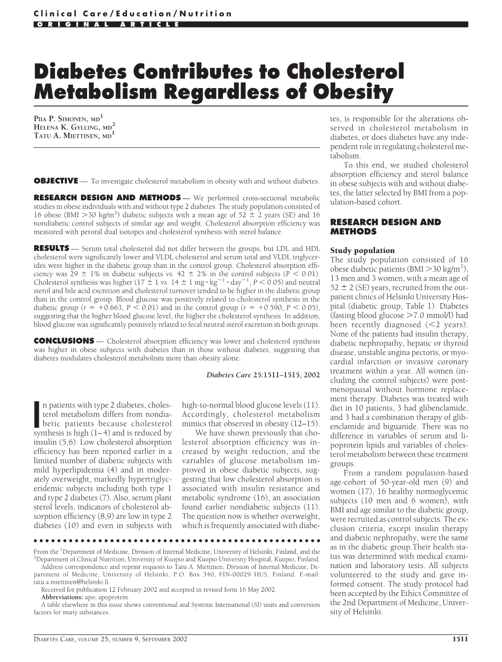 Diabetes Contributes to Cholesterol Metabolism Regardless of Obesity