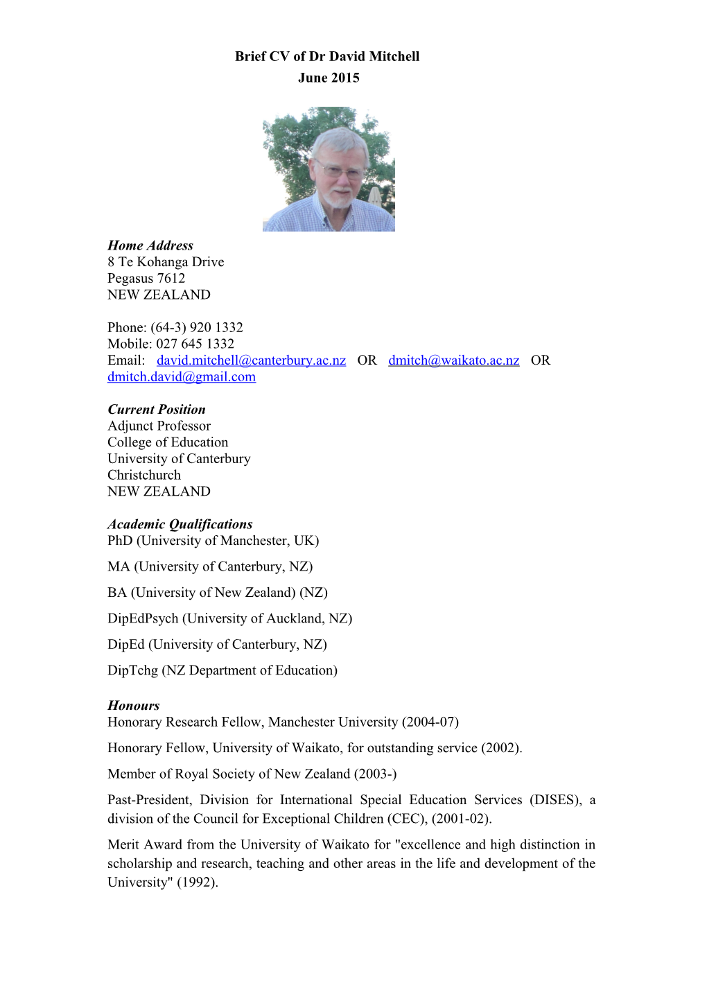 Brief CV of Dr David Mitchell