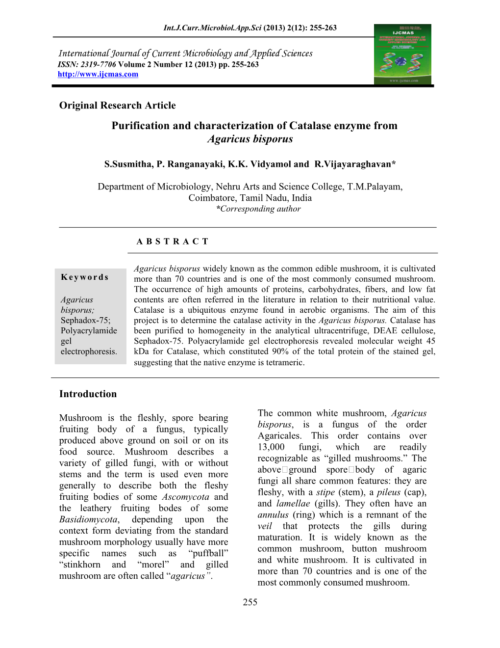 Purification and Characterization of Catalase Enzyme from Agaricus Bisporus