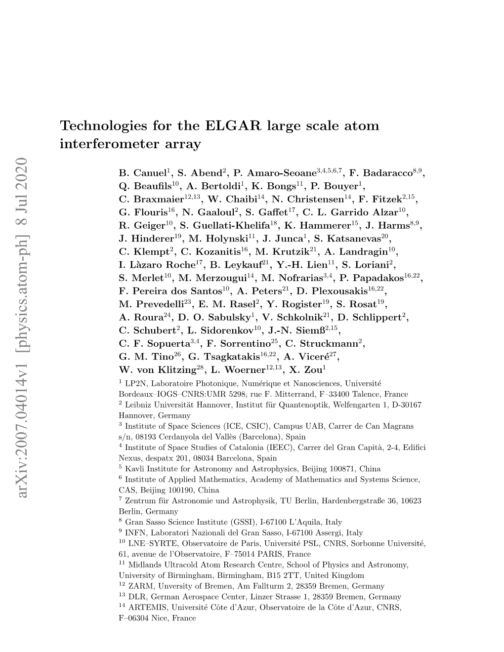 Technologies for the ELGAR Large Scale Atom Interferometer Array
