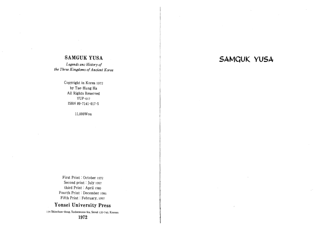 SAMGUK YUSA Samquk YUSA Legends Anc Histary of the Three K£Ngdoms of Ancient Karea