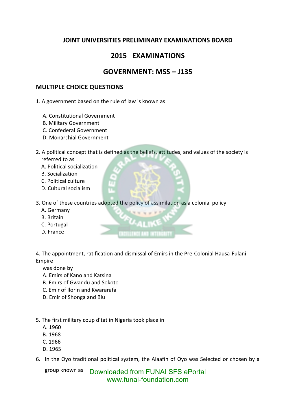 2015 Examinations Government: Mss – J135