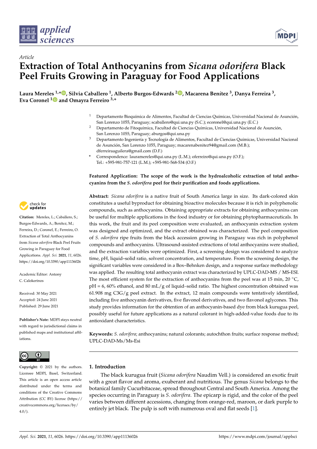 Extraction of Total Anthocyanins from Sicana Odorifera Black Peel Fruits Growing in Paraguay for Food Applications