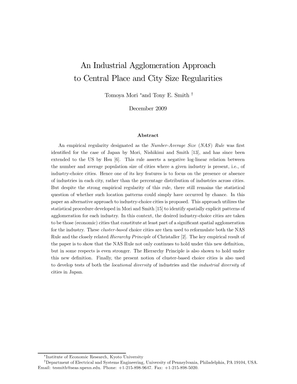 An Industrial Agglomeration Approach to Central Place and City Size Regularities