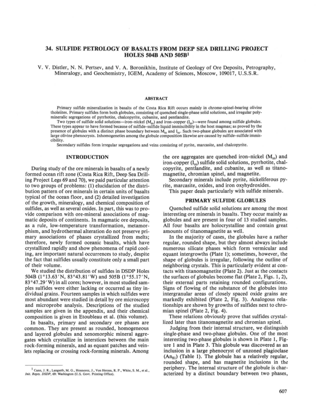 34. Sulfide Petrology of Basalts from Deep Sea Drilling Project Holes 504B and 505B1