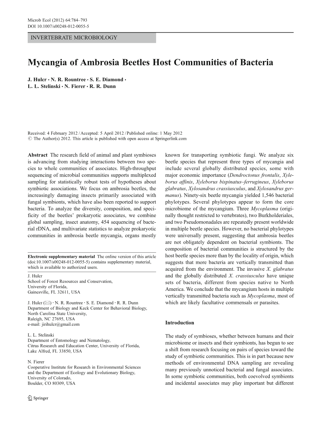 Mycangia of Ambrosia Beetles Host Communities of Bacteria