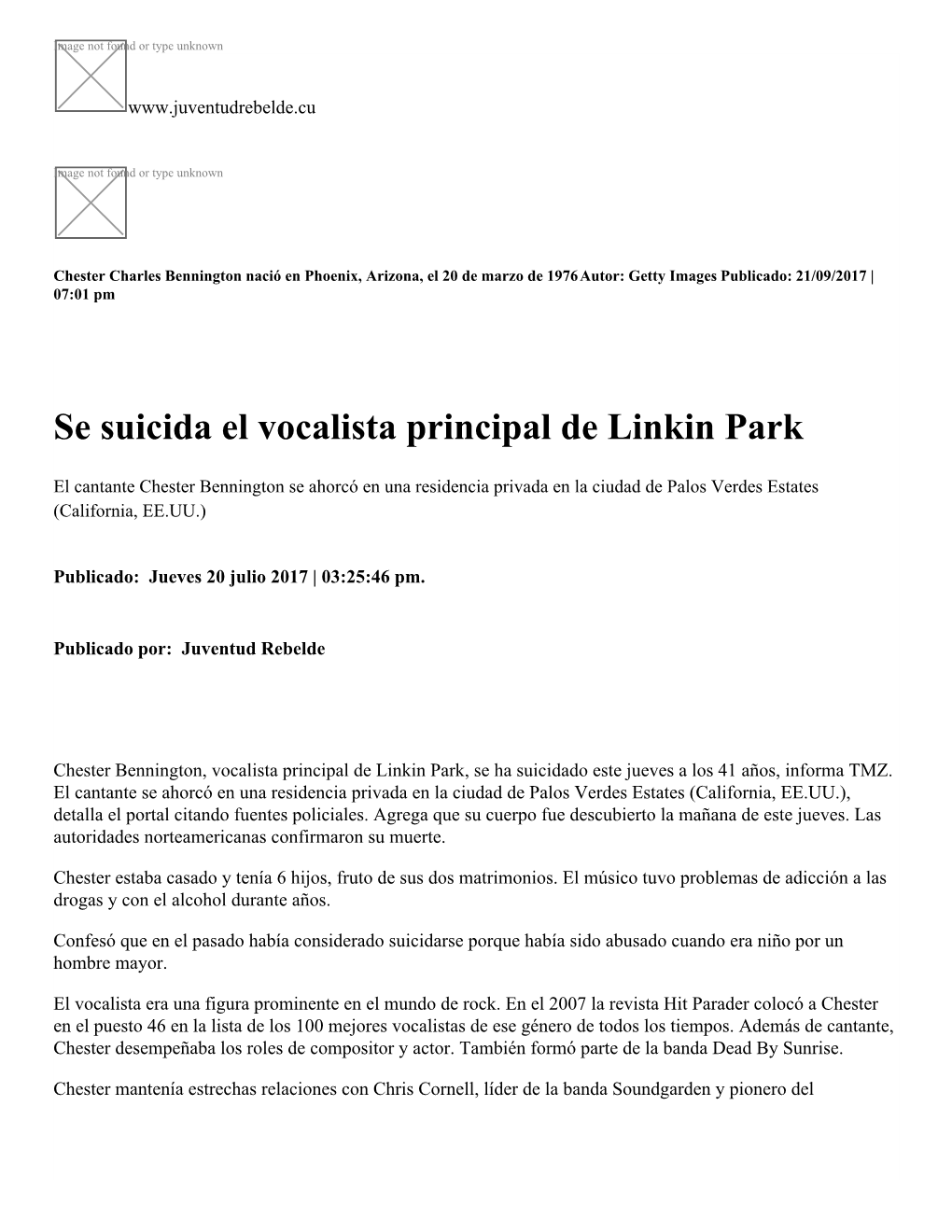 Se Suicida El Vocalista Principal De Linkin Park