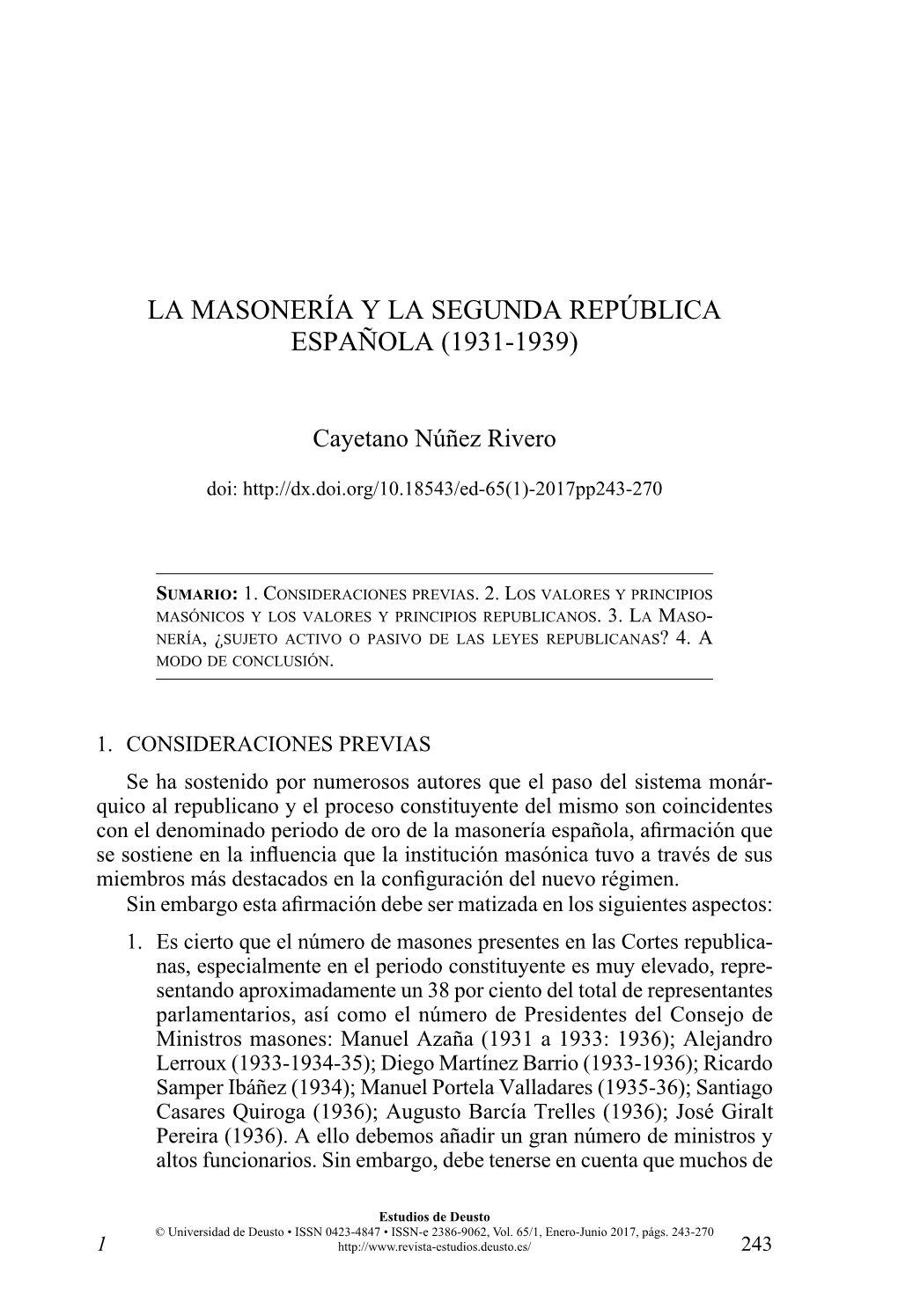 La Masonería Y La Segunda República Española (1931-1939)