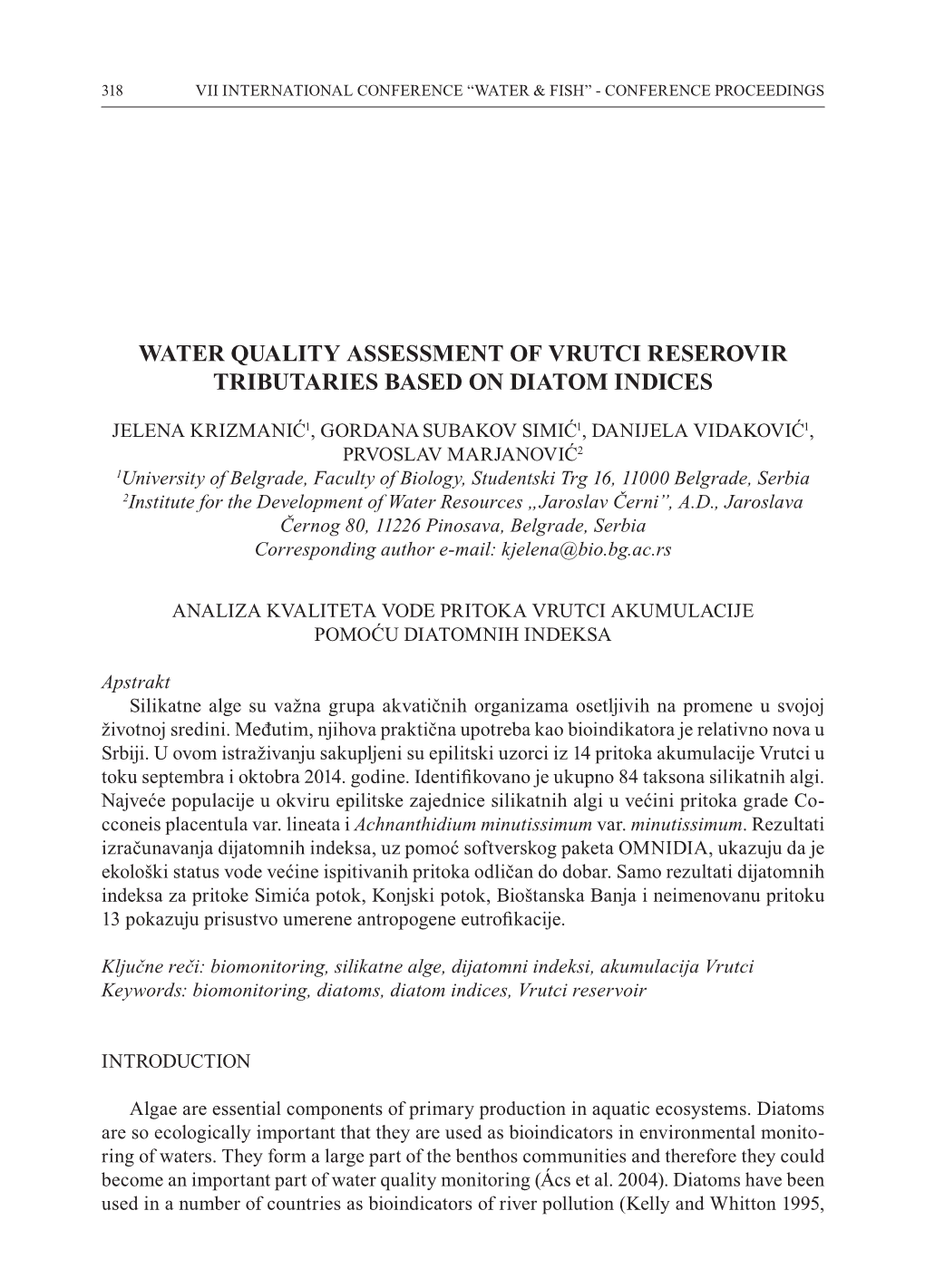Water Quality Assessment of Vrutci RESEROVIR Tributaries Based on Diatom Indices