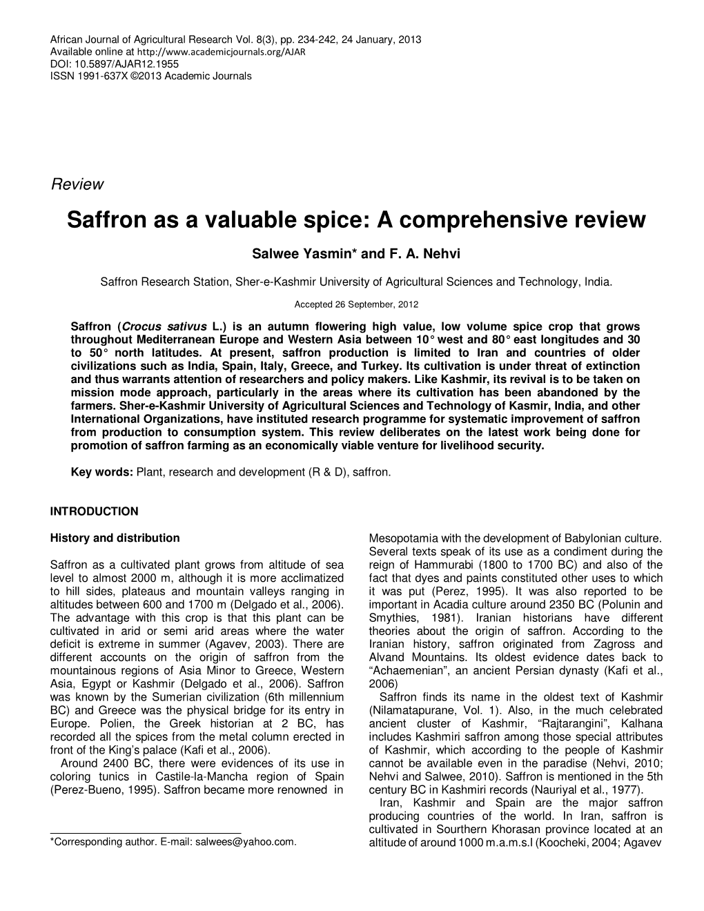 Saffron As a Valuable Spice: a Comprehensive Review