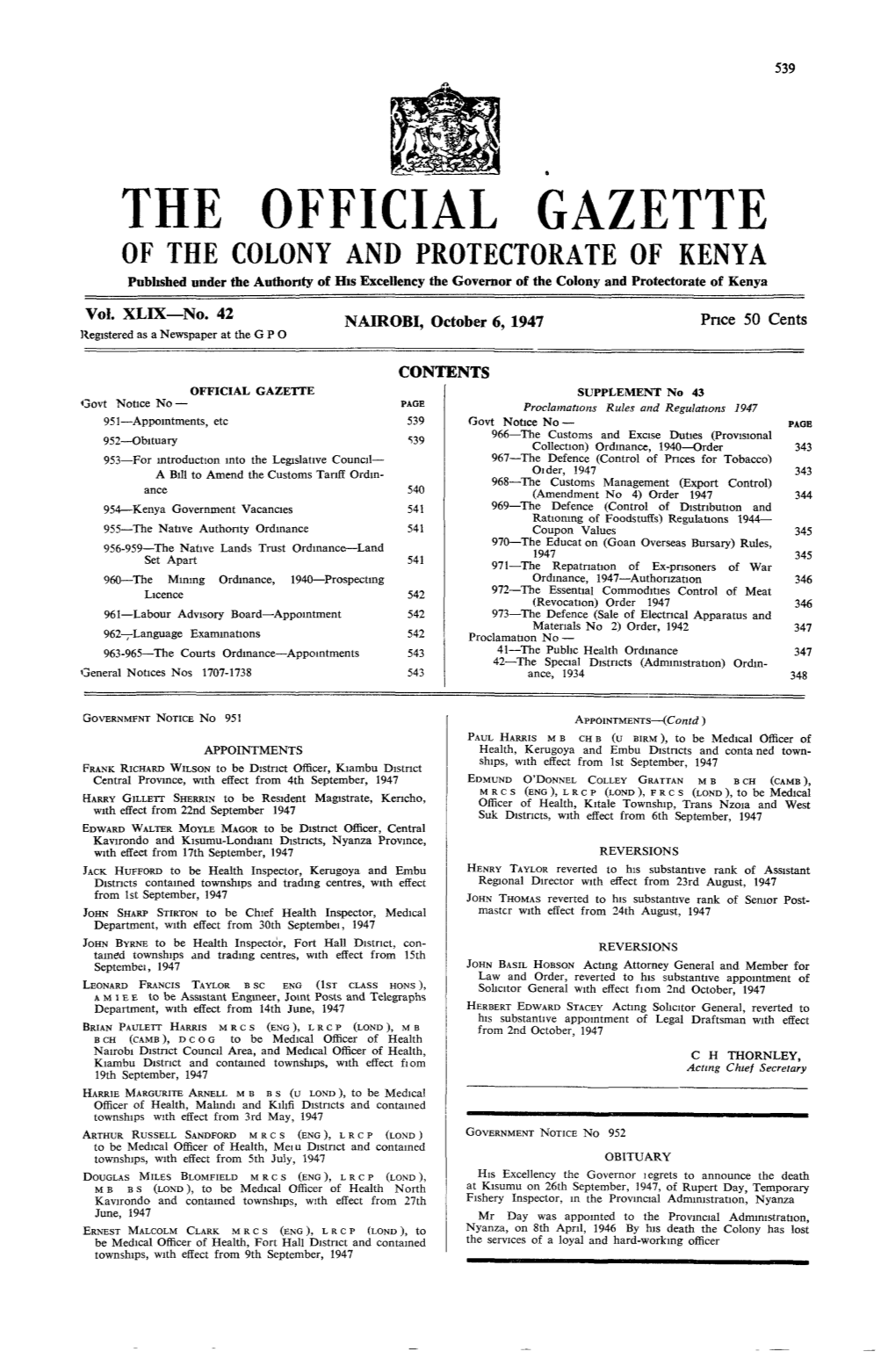 THE OFFICIAL GAZETTE of the COLONY and PROTECTORATE of KENYA Published Under the Authonty of Hisexcellency the Governor of the Colony and Protectorate of Kenya