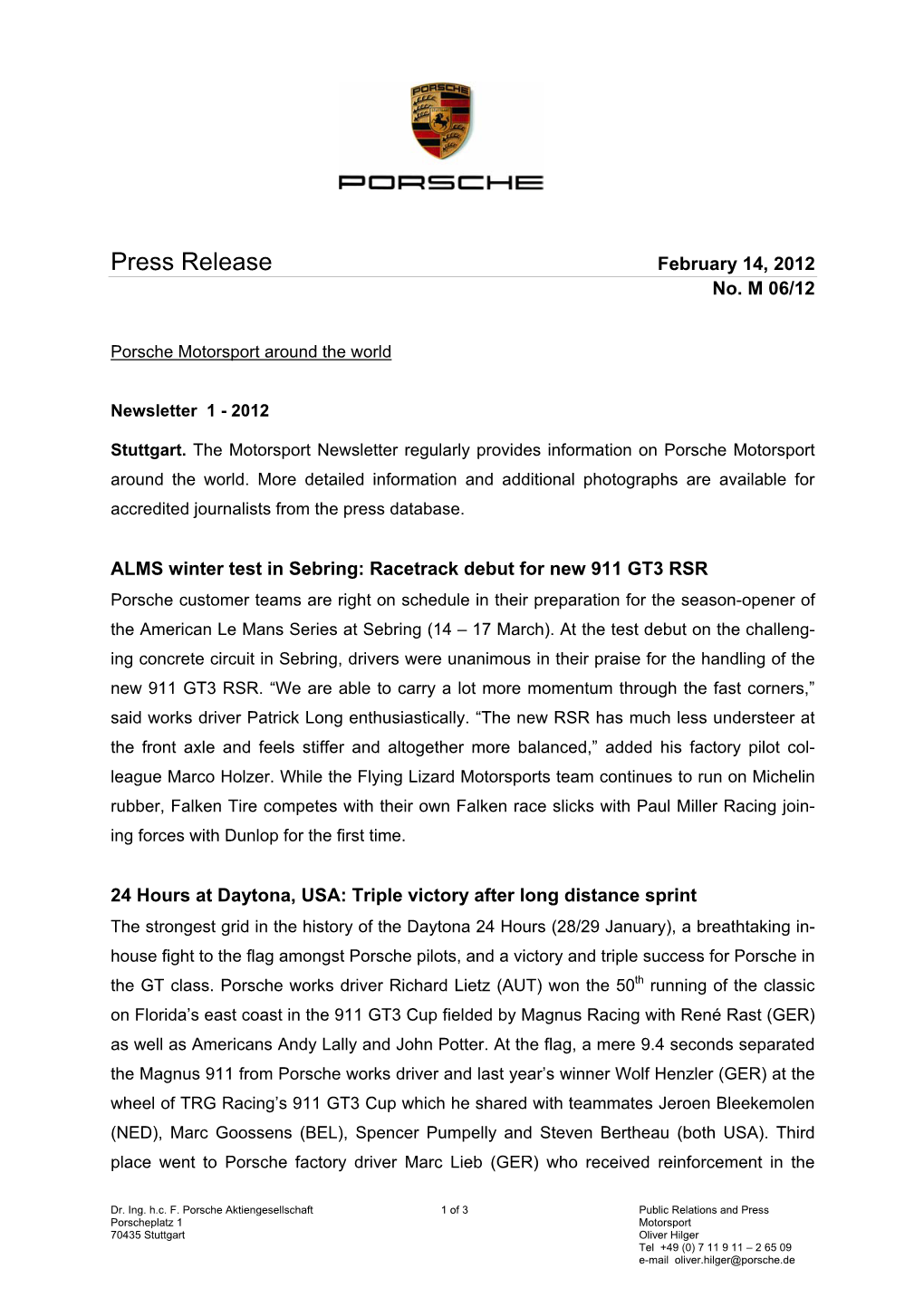 Press Release February 14, 2012 No