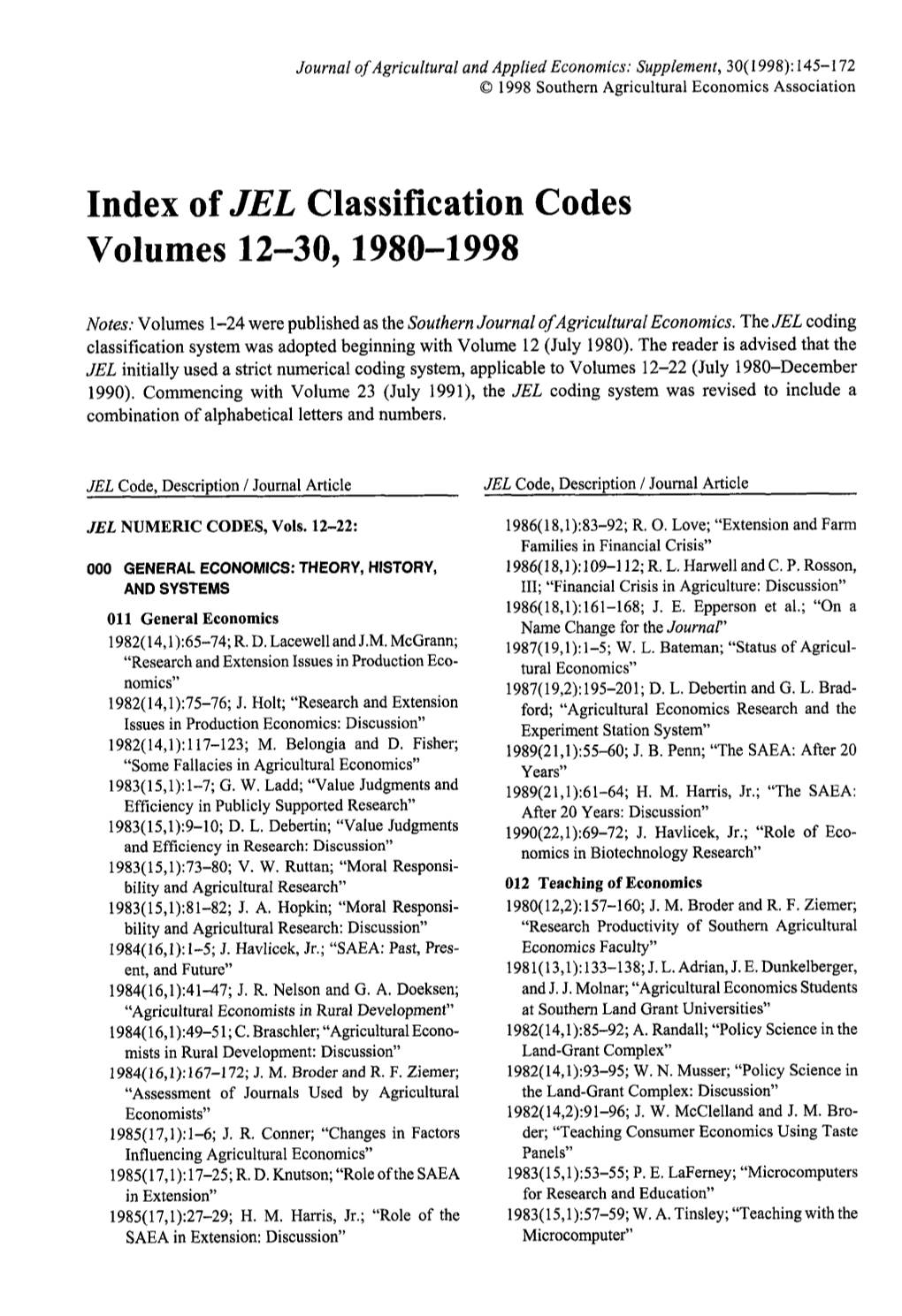 Index of JEL Classification Volumes 12-30,1980-1998 Codes