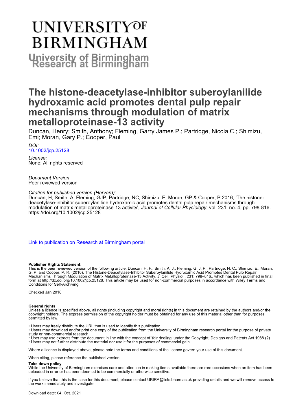 University of Birmingham the Histone-Deacetylase-Inhibitor