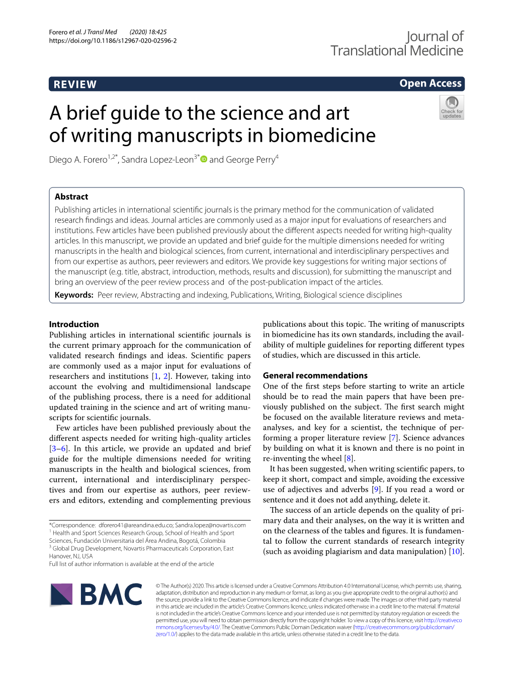 A Brief Guide to the Science and Art of Writing Manuscripts in Biomedicine Diego A