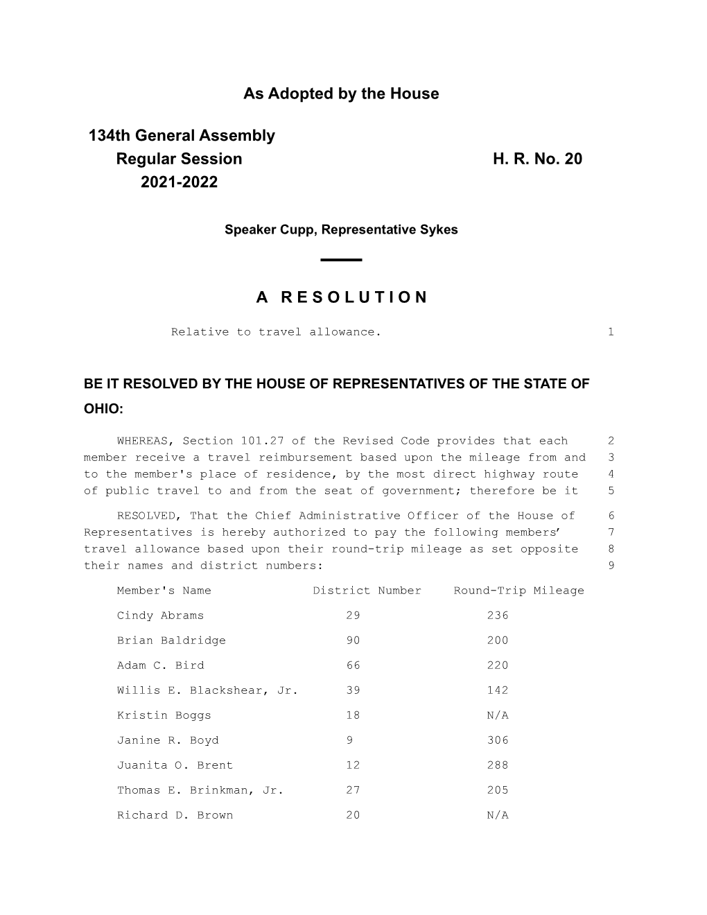 As Adopted by the House 134Th General Assembly Regular Session