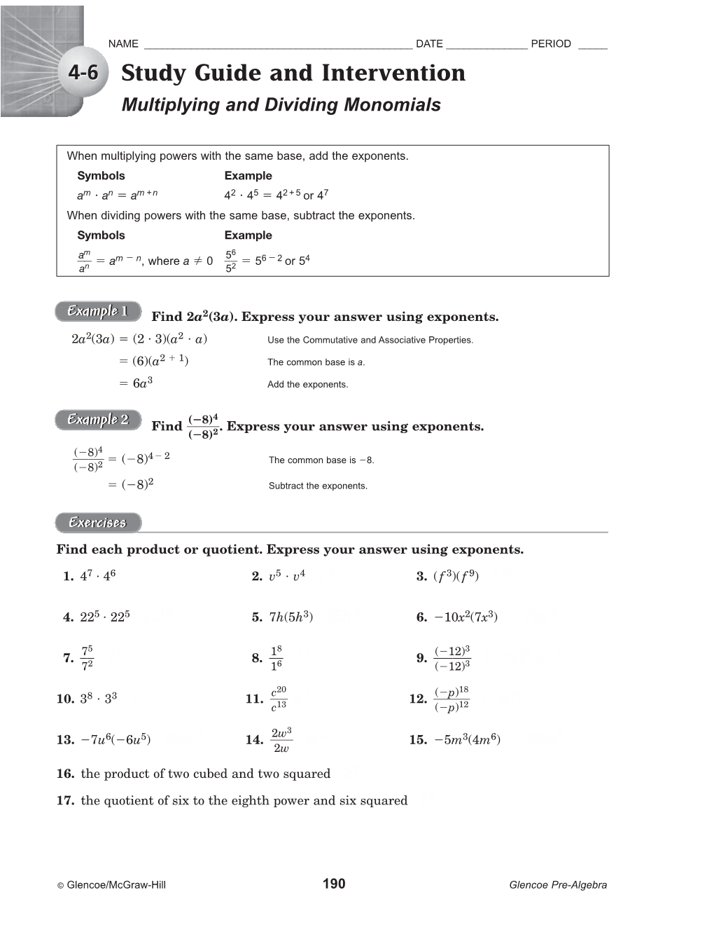 Skills Practice Multiplying and Dividing Monomials