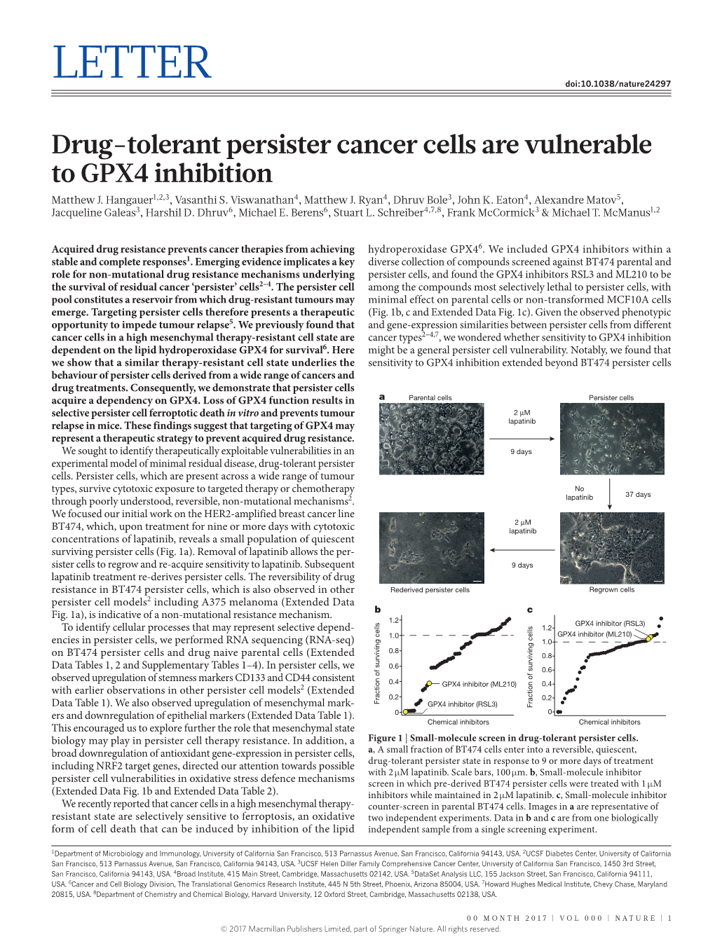 Drug-Tolerant Persister Cancer Cells Are Vulnerable to GPX4 Inhibition Matthew J