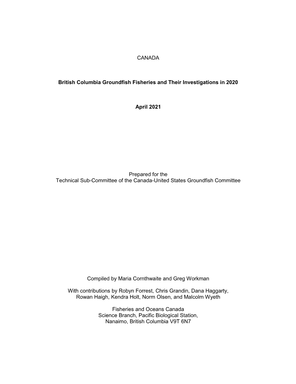 CANADA British Columbia Groundfish Fisheries and Their Investigations