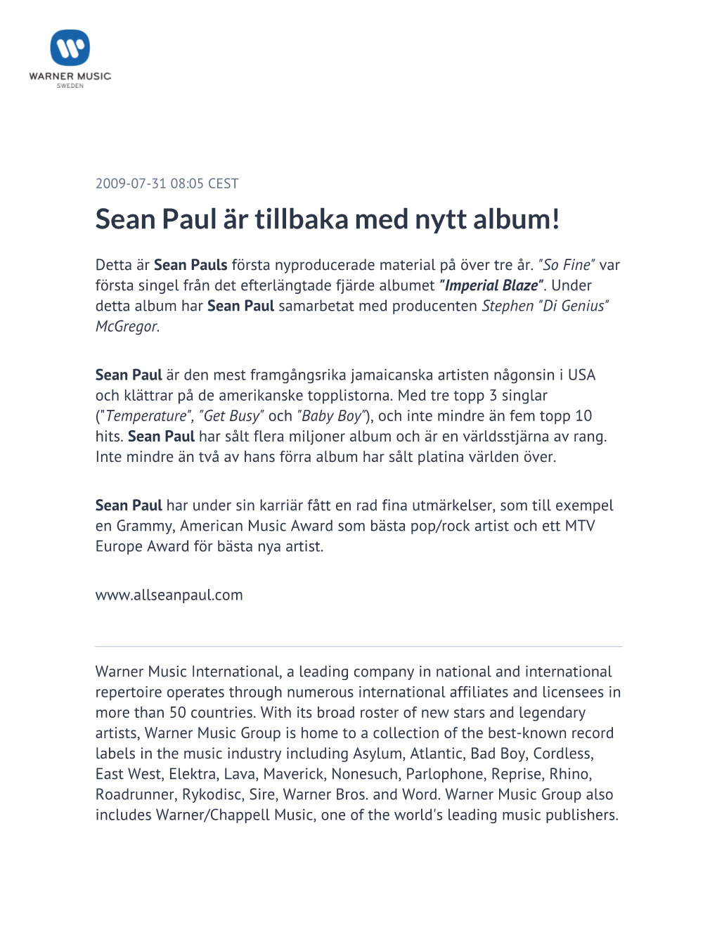 Sean Paul Är Tillbaka Med Nytt Album!