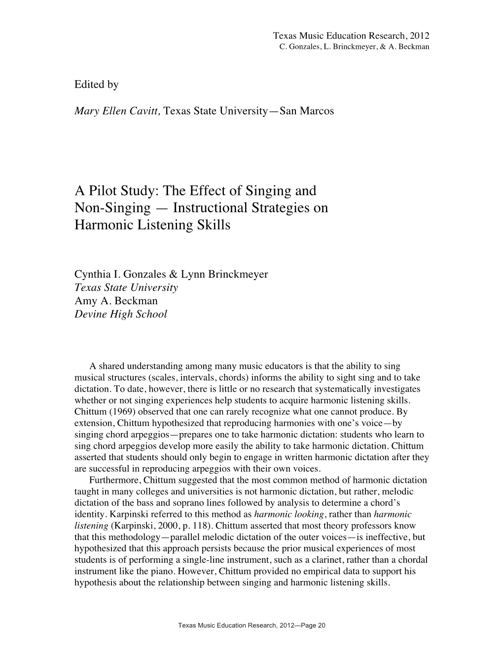 Instructional Strategies on Harmonic Listening Skills