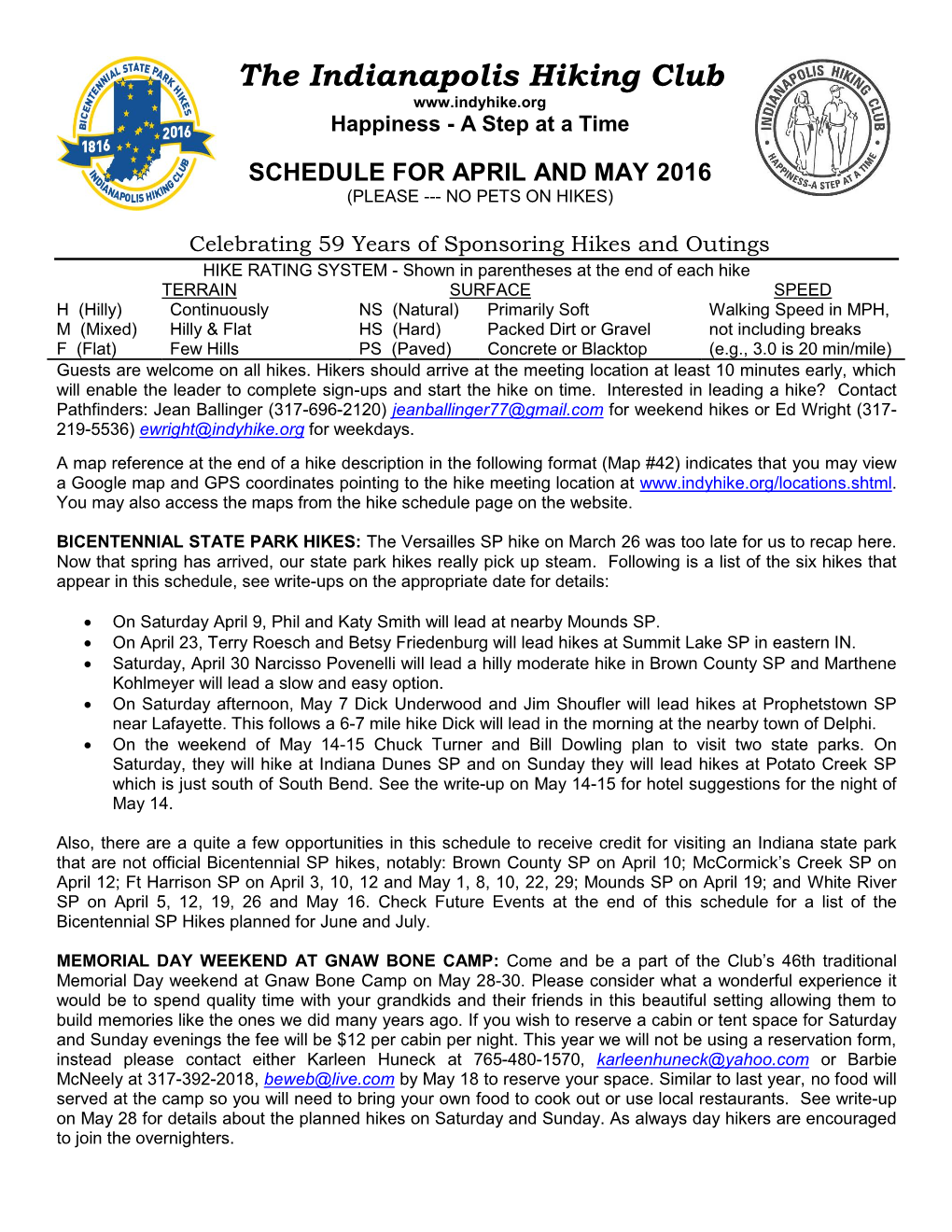 April and May 2016 (Please --- No Pets on Hikes)