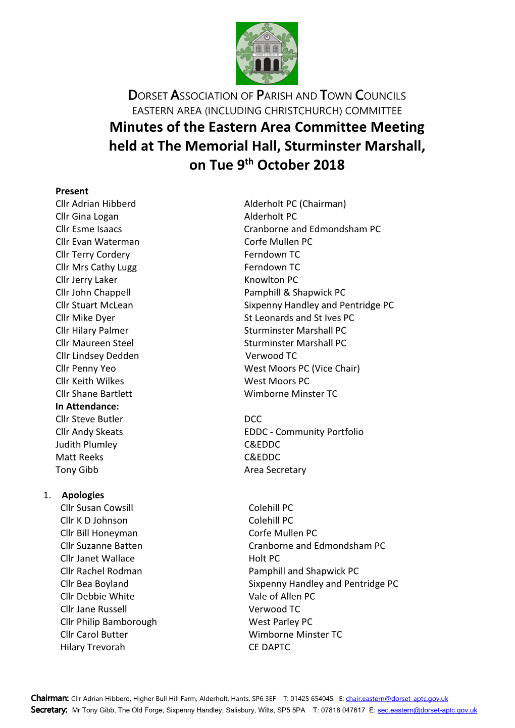 Minutes of the Eastern Area Committee Meeting Held at the Memorial Hall, Sturminster Marshall, on Tue 9Th October 2018