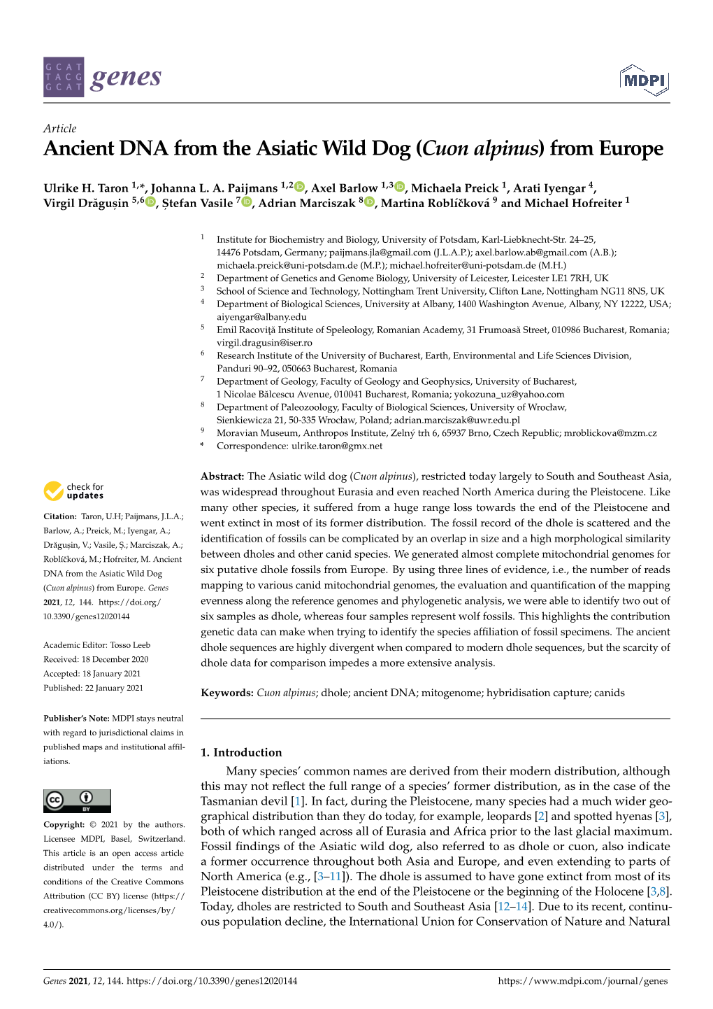 Ancient DNA from the Asiatic Wild Dog (Cuon Alpinus) from Europe