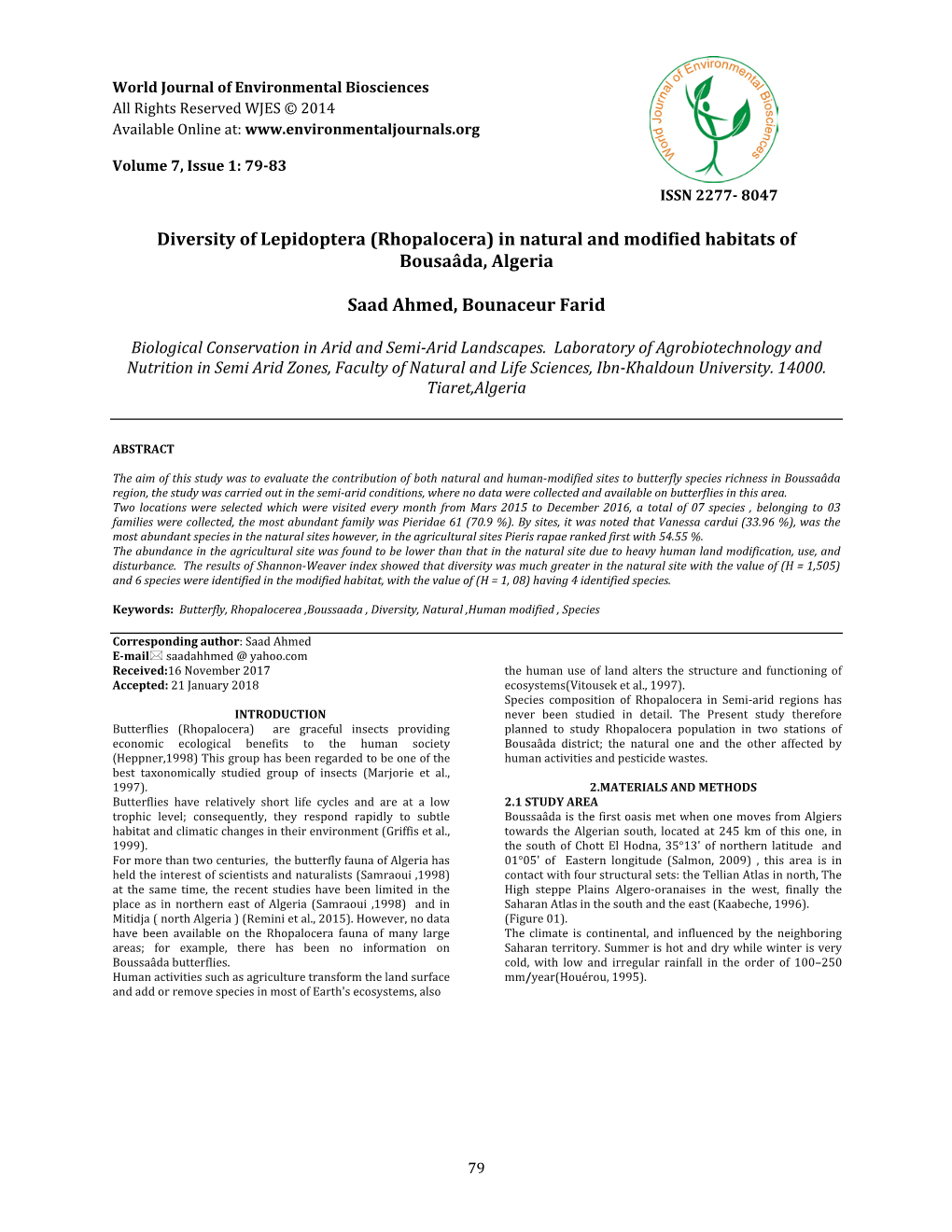 (Rhopalocera) in Natural and Modified Habitats of Bousaâda, Algeria Saad