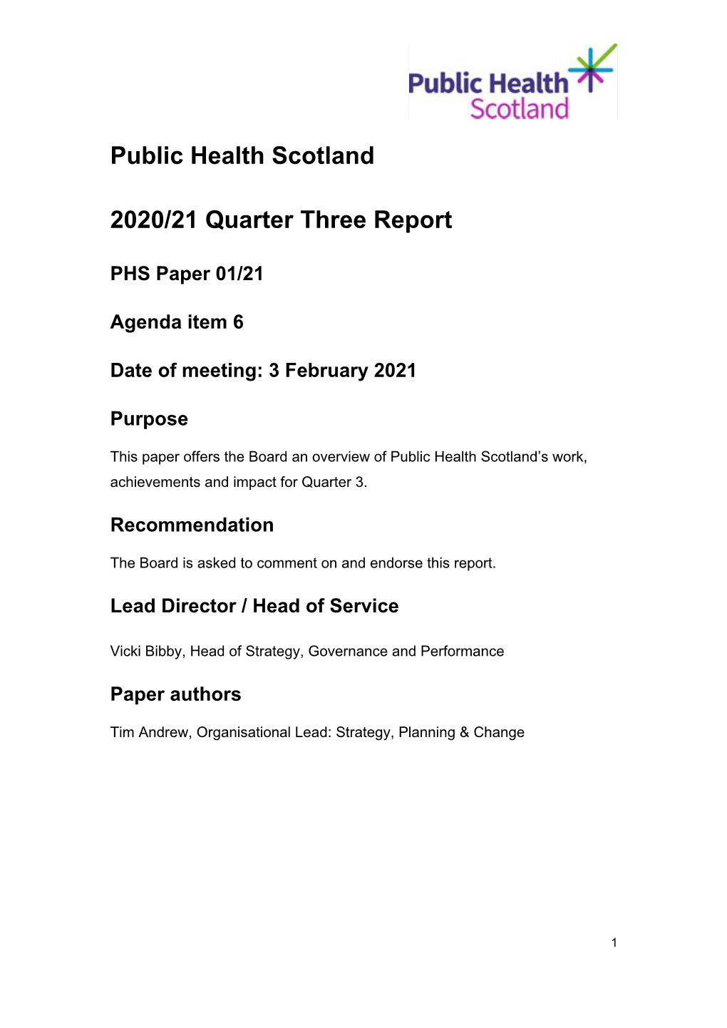 Public Health Scotland 2020/21 Quarter Three Report
