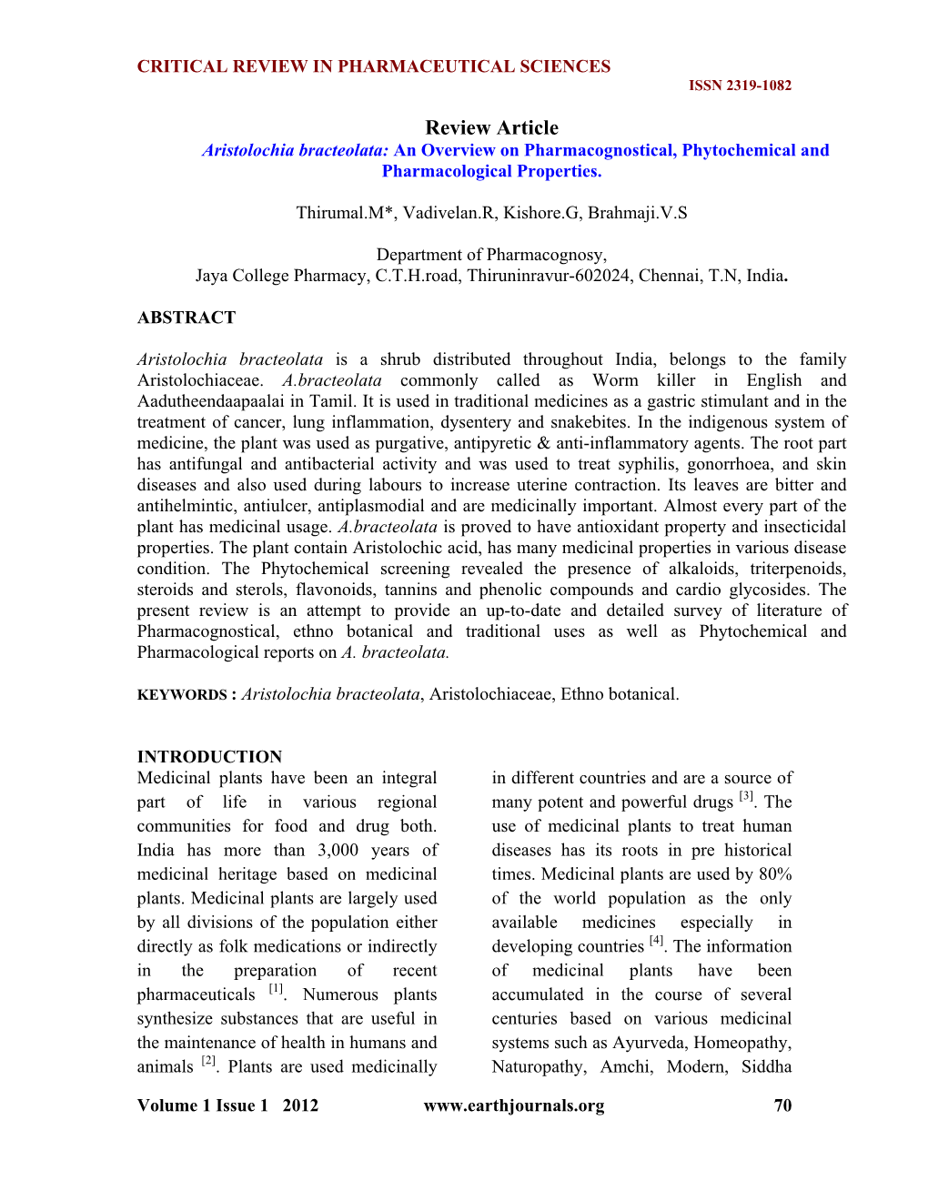 Aristolochia Bracteolata: an Overview on Pharmacognostical, Phytochemical and Pharmacological Properties