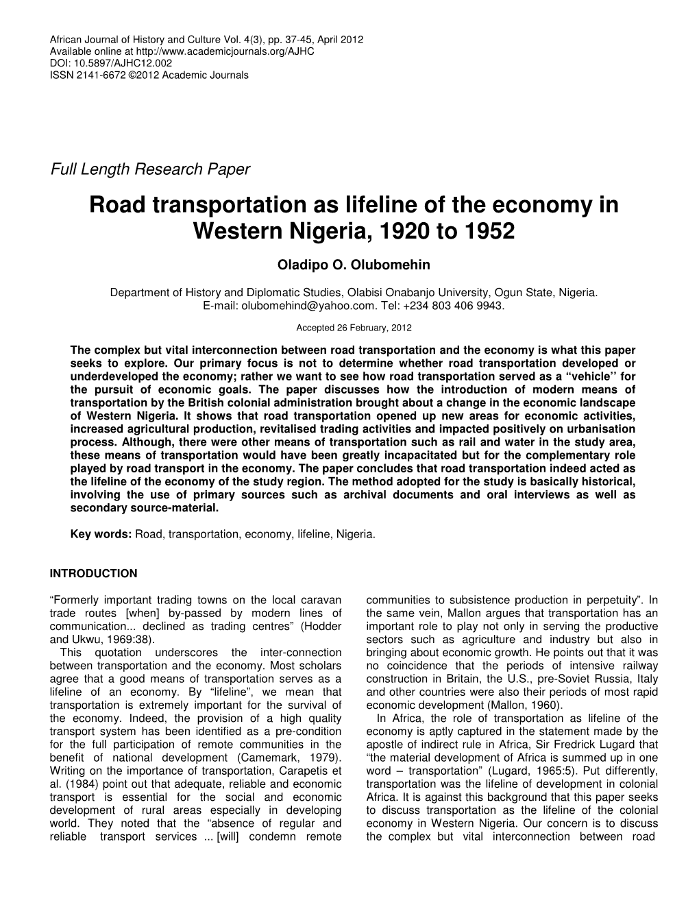 Road Transportation As Lifeline of the Economy in Western Nigeria, 1920 to 1952