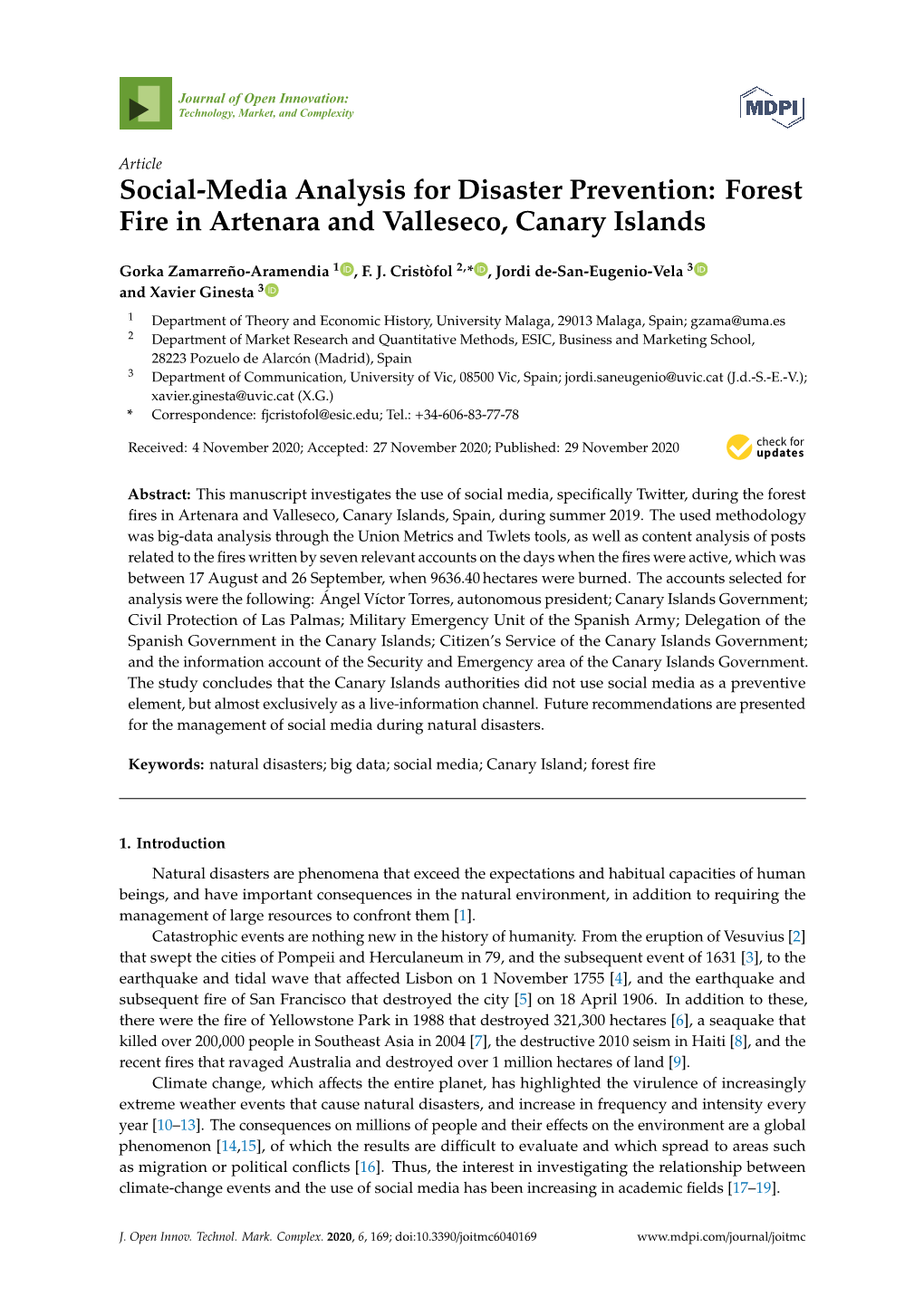 Social-Media Analysis for Disaster Prevention: Forest Fire in Artenara and Valleseco, Canary Islands