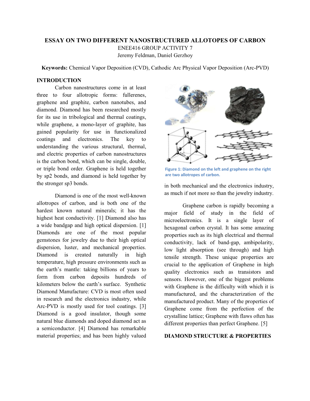 ESSAY on TWO DIFFERENT NANOSTRUCTURED ALLOTOPES of CARBON ENEE416 GROUP ACTIVITY 7 Jeremy Feldman, Daniel Gerzhoy