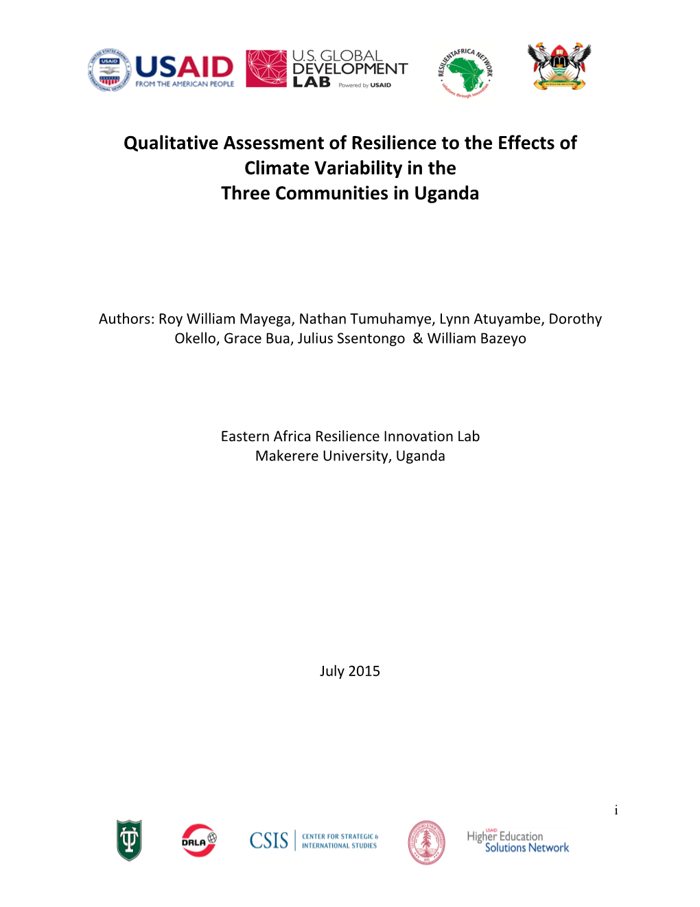 Qualitative Assessment of Resilience to the Effects of Climate Variability in the Three Communities in Uganda