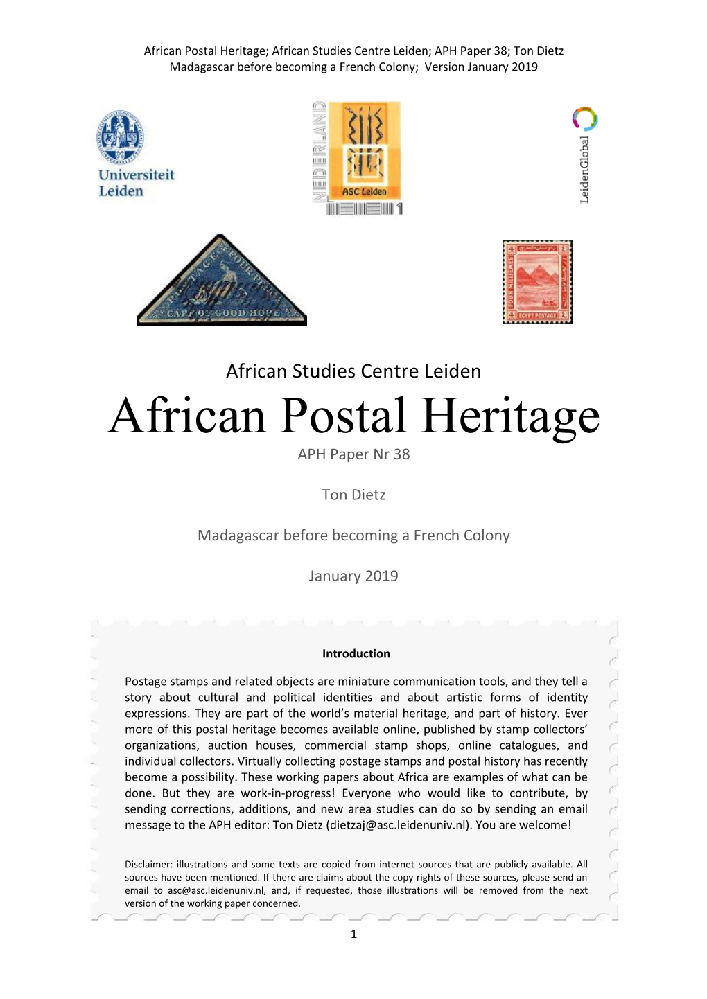 African Postal Heritage; African Studies Centre Leiden; APH Paper 38; Ton Dietz Madagascar Before Becoming a French Colony; Version January 2019