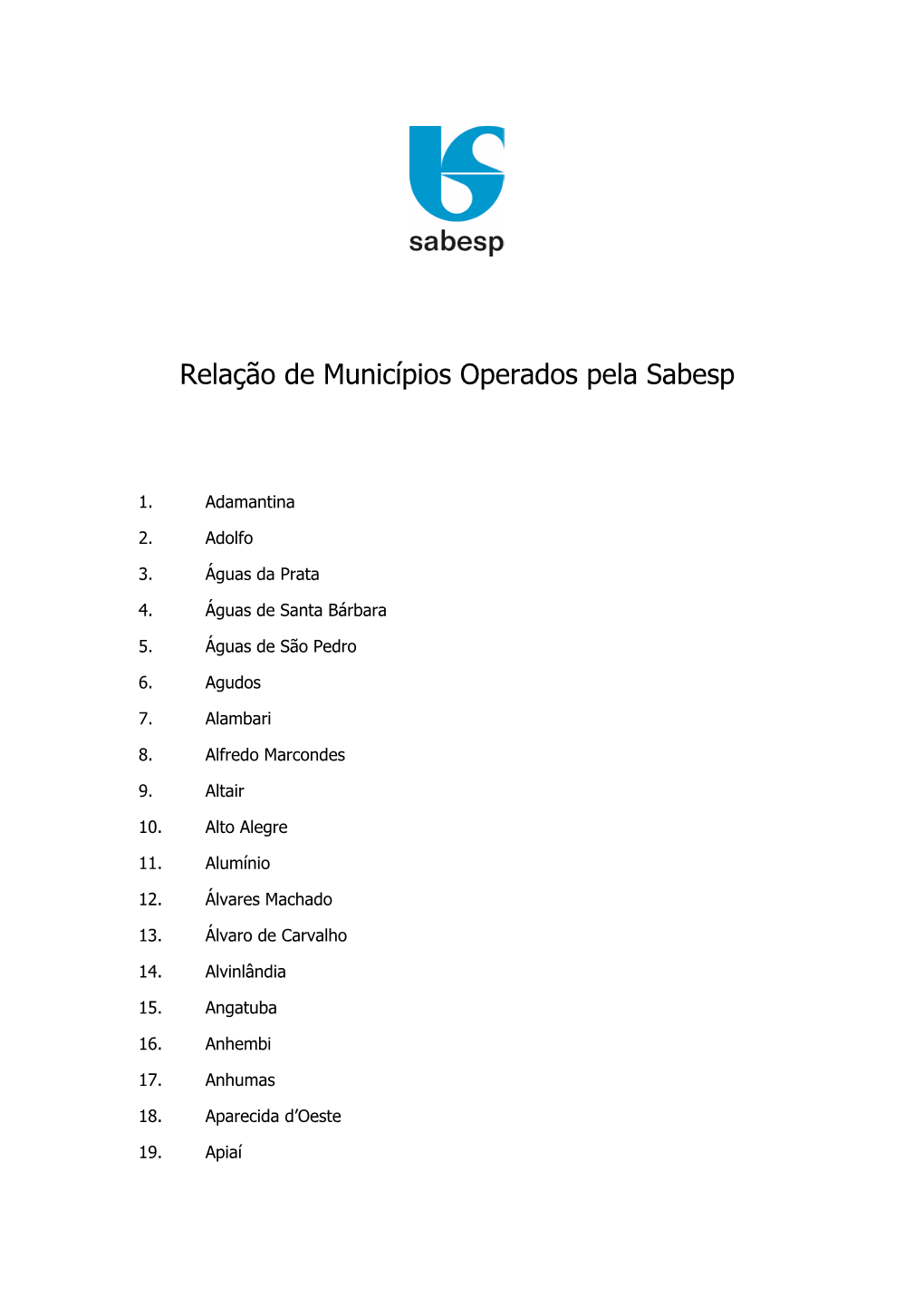 Relação De Municípios Operados Pela Sabesp