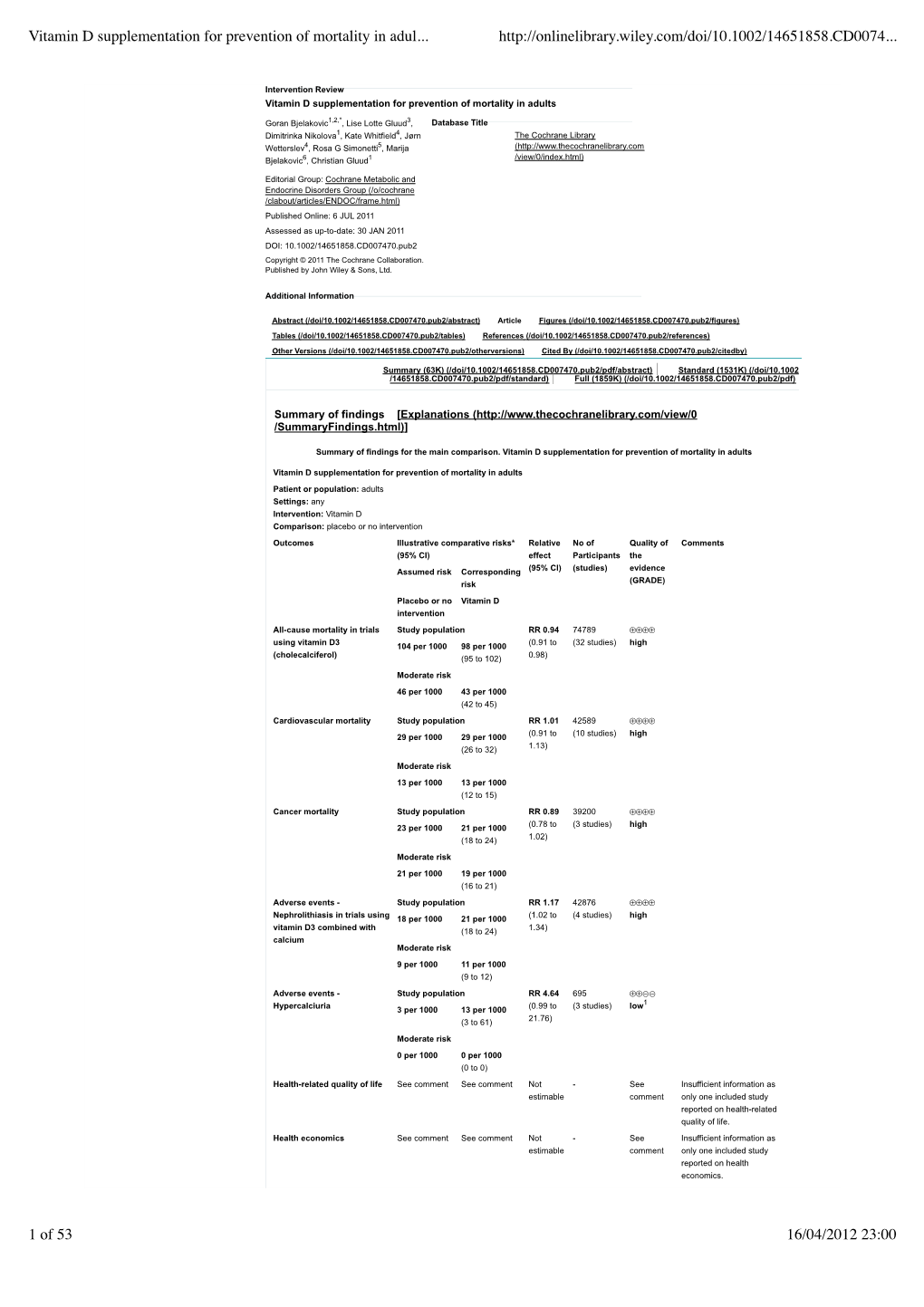 Vitamin D Supplementation for Prevention of Mortality in Adul