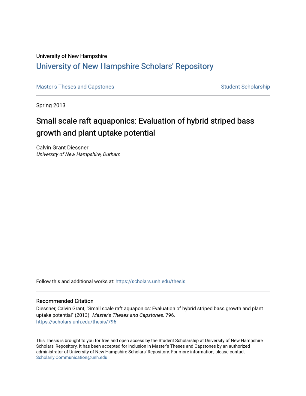 Small Scale Raft Aquaponics: Evaluation of Hybrid Striped Bass Growth and Plant Uptake Potential