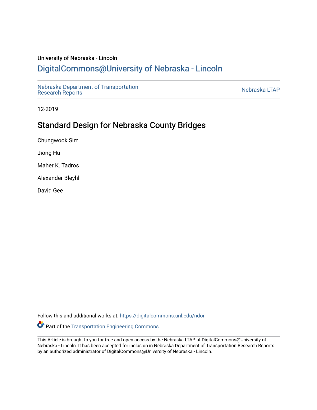 Standard Design for Nebraska County Bridges