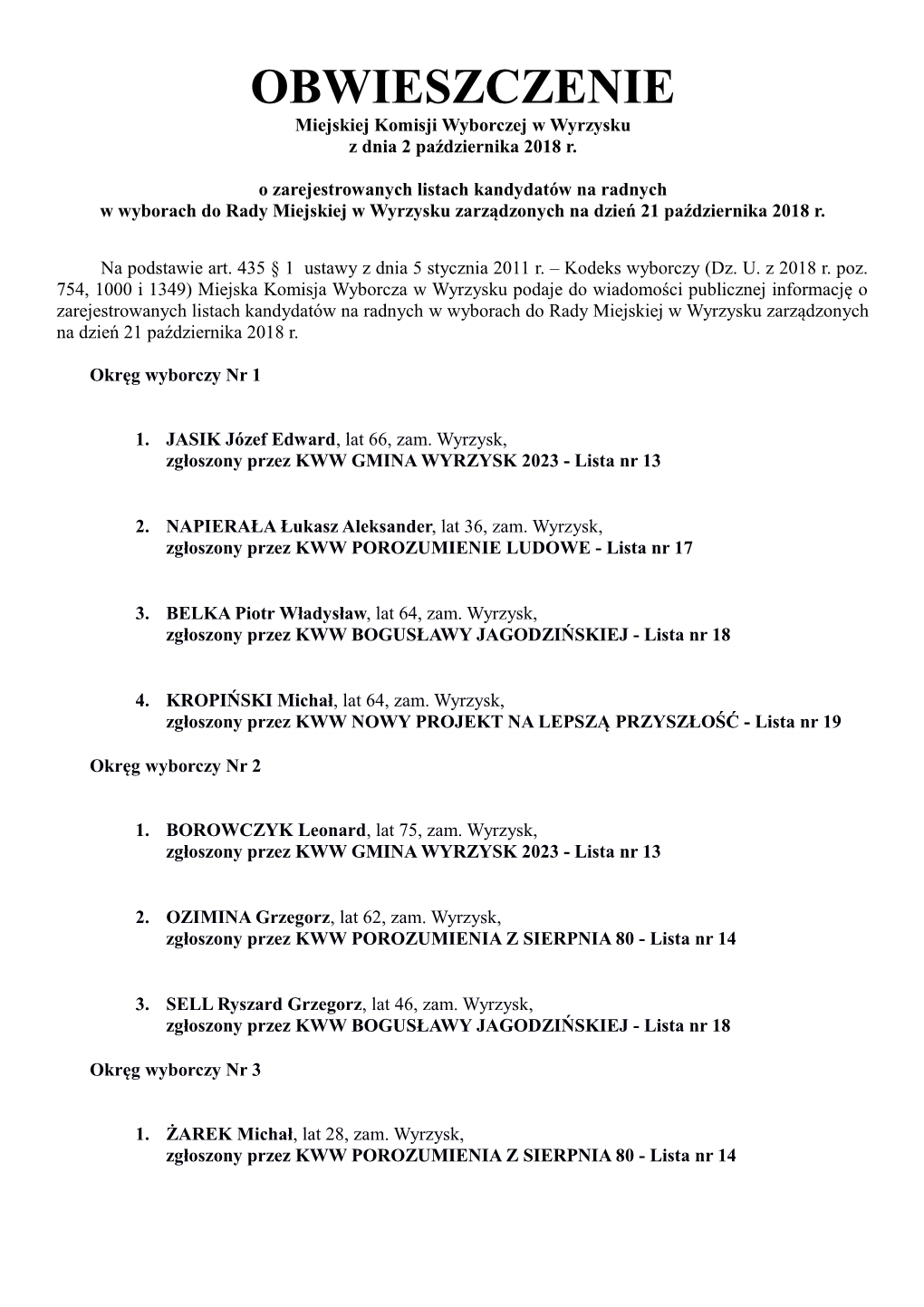 OBWIESZCZENIE Miejskiej Komisji Wyborczej W Wyrzysku Z Dnia 2 Października 2018 R