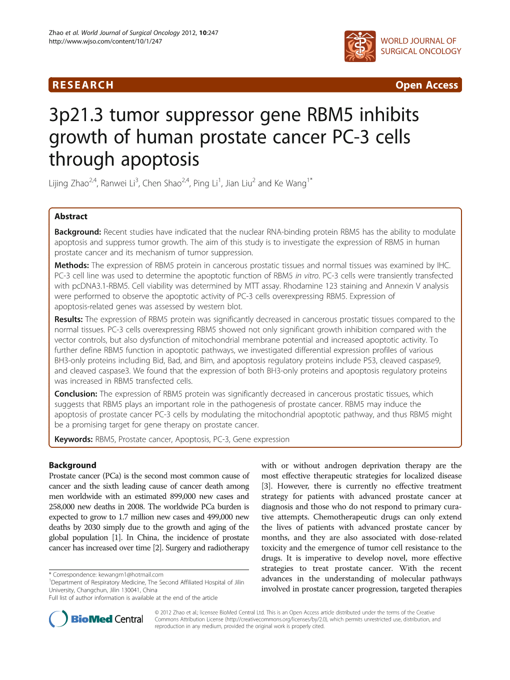 3P21.3 Tumor Suppressor Gene RBM5 Inhibits Growth of Human Prostate