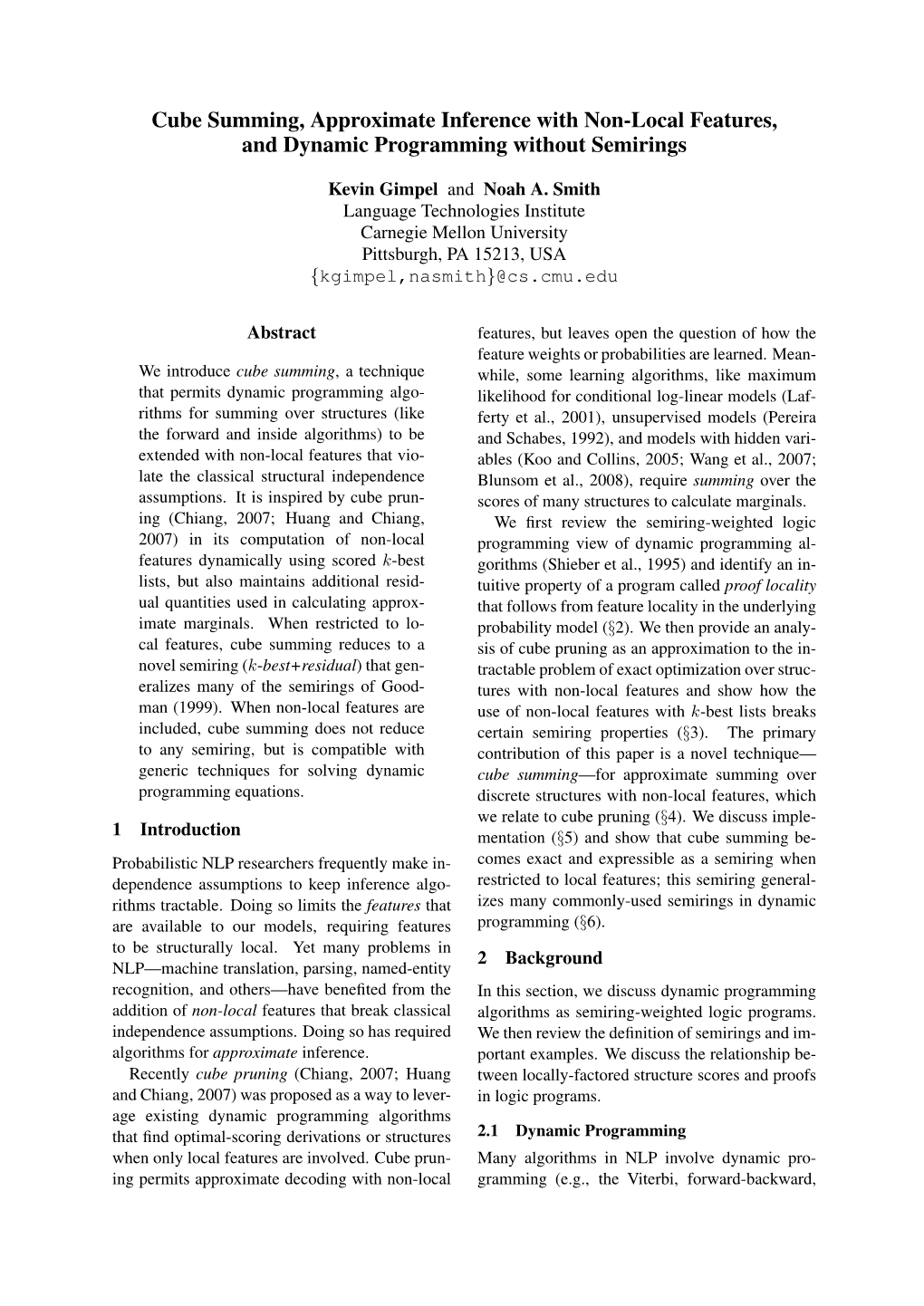 Cube Summing, Approximate Inference with Non-Local Features, and Dynamic Programming Without Semirings